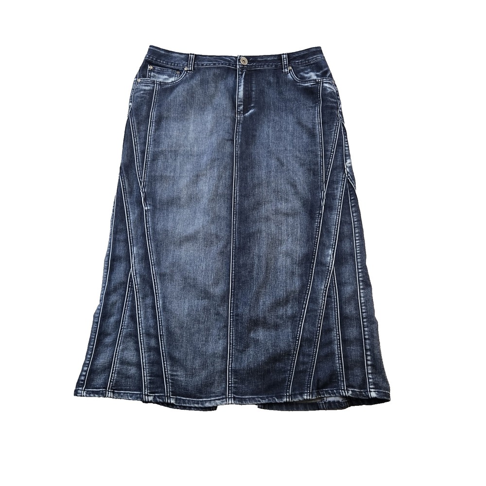 Baccini Women's Jean Midi Skirt Dark Wash Back Slit Pockets Seams Size 16‎
